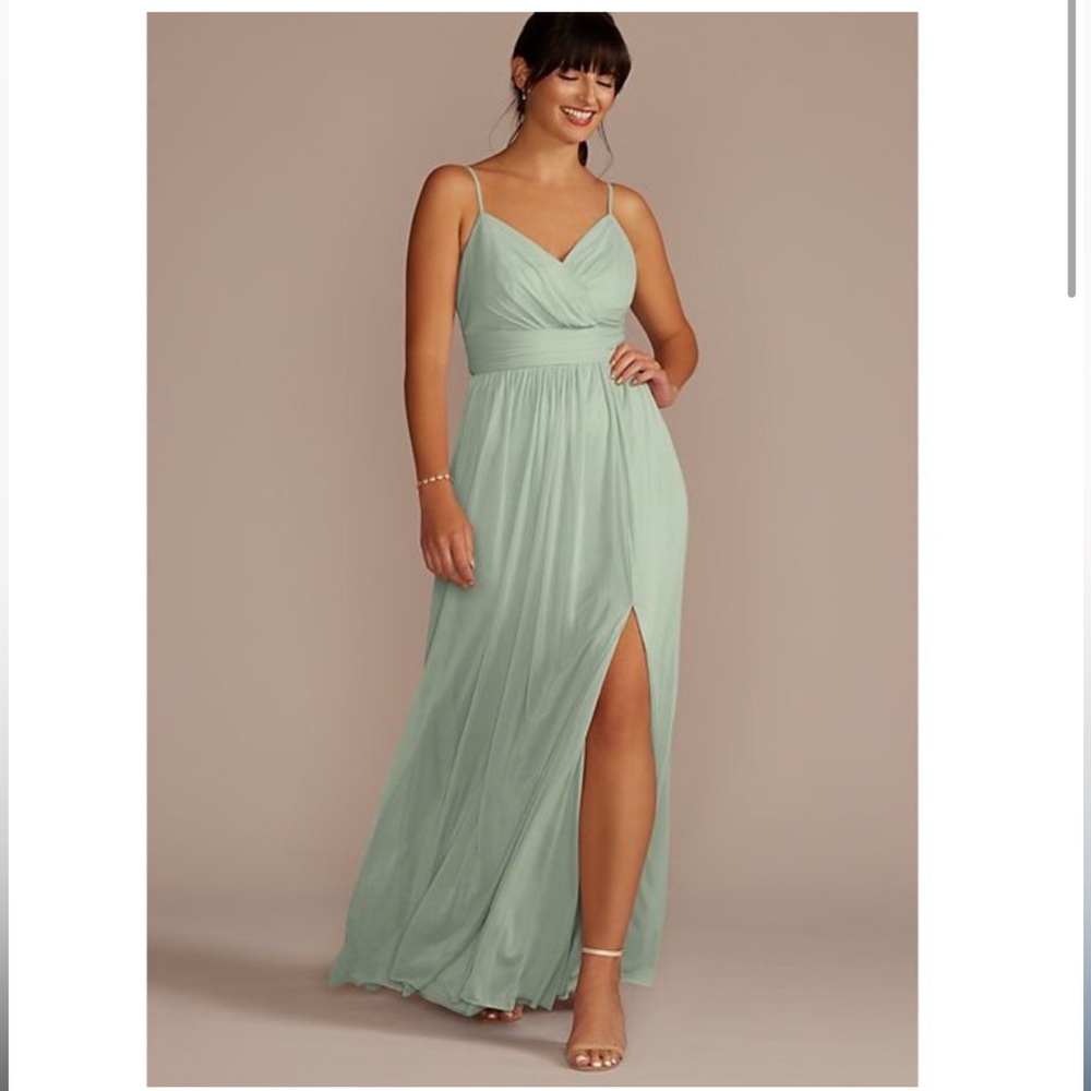 David's Bridal Dusty Sage Green Ruched Waist Mesh Bridesmaid Dress